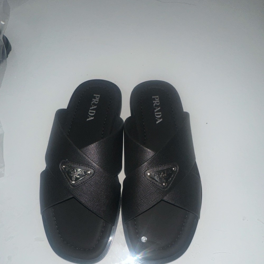 Prada Slide Men's Black Logo Solid Slip-On Sandals Rubber EU Size 45