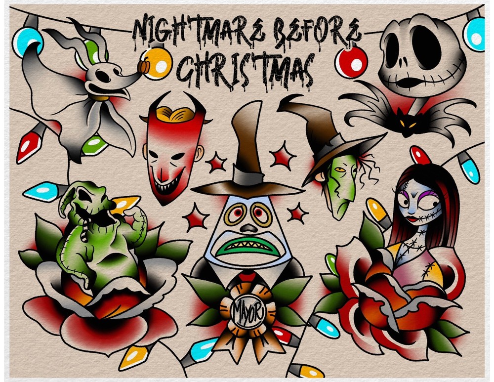Nightmare Before Christmas Tattoo Flash Art Print 11x14 Halloween Decor
