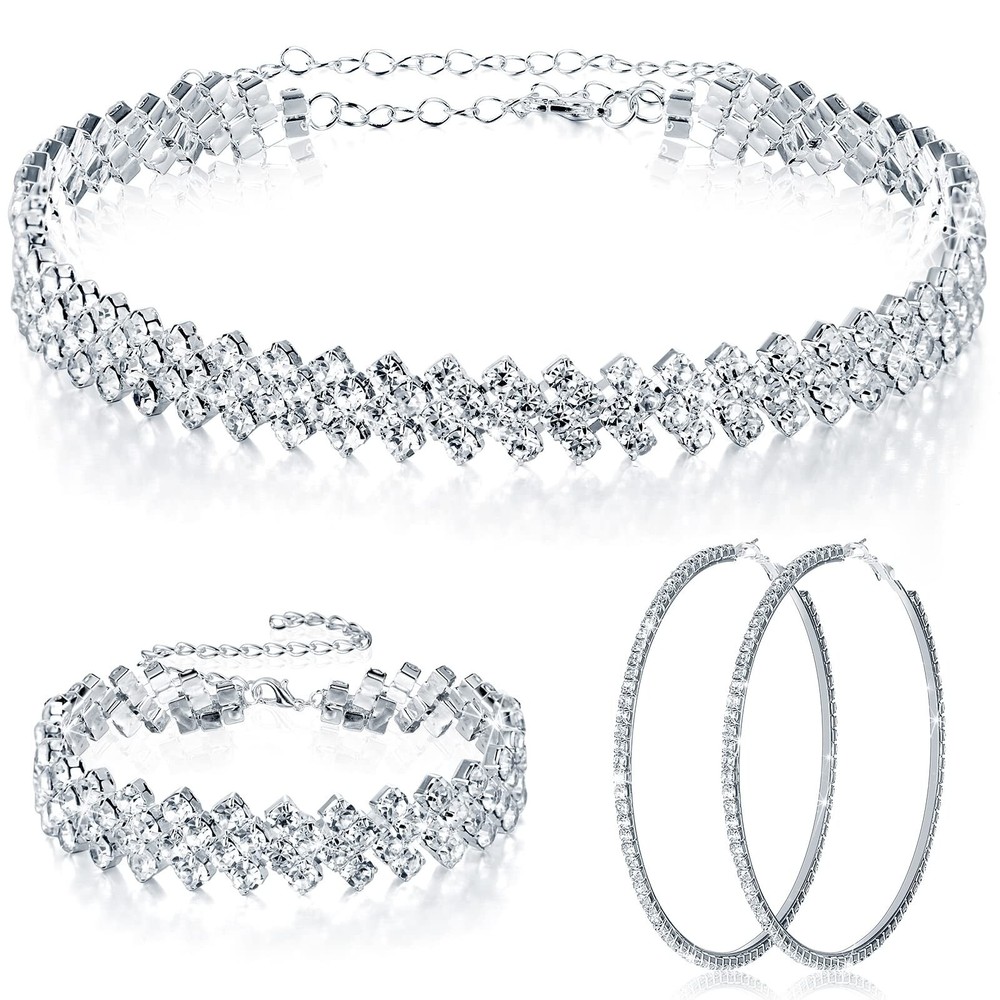 3-Piece Women's Rhinestone Jewelry Set with Choker Necklace & Crystal Bracelet