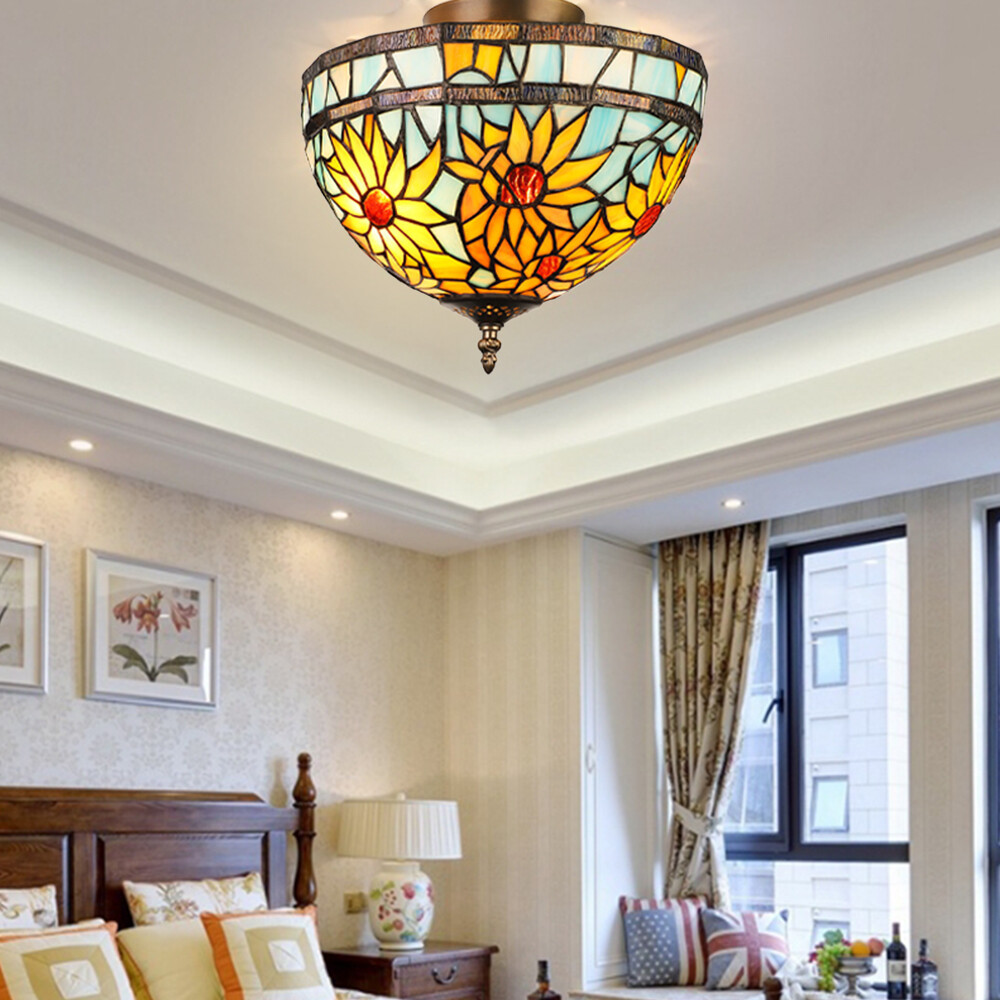 Sunflower Glass Shade Semi Flush Mount Pendant Light Country Style