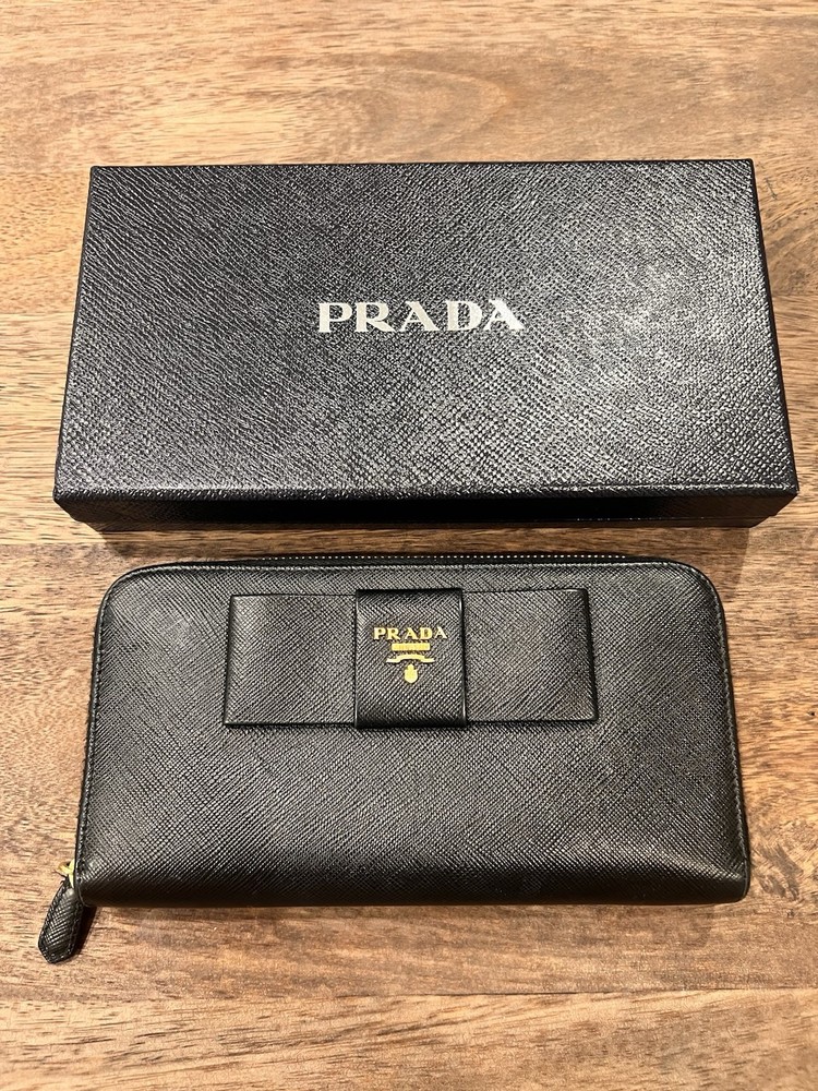 PRADA Saffiano Leather Zip Wallet with Ribbon Bow Black