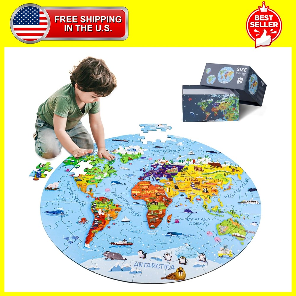 World Map Jigsaw Puzzle for Kids 4-8, 70 Piece Globe Large Round Floor...