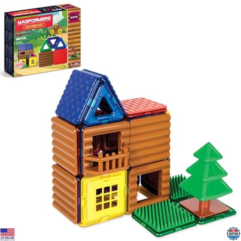 Rainbow Magnetic Building Tiles Set, 48 Pieces Log Cabin STEM Toy for Ages 3+