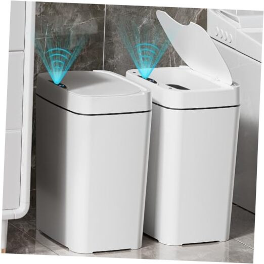 2 Pack Bathroom Trash Can with Lid, Automatic Trash Can Small 2.7 Gal White