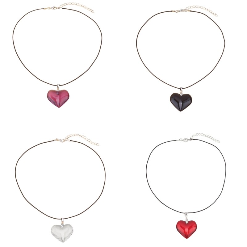 Exquisite French Choker Adjustable Rope Neckchain Glass Heart Pendant Necklace