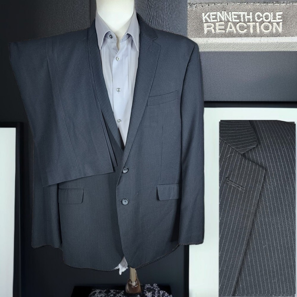 Kenn Cole Mens 2-Piece Black Stripe Suit 48R 42X32 Double Vented