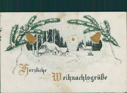 Postcard Christmas Circa 1910? Embossed Card Village Fir Branch Bell (9868)