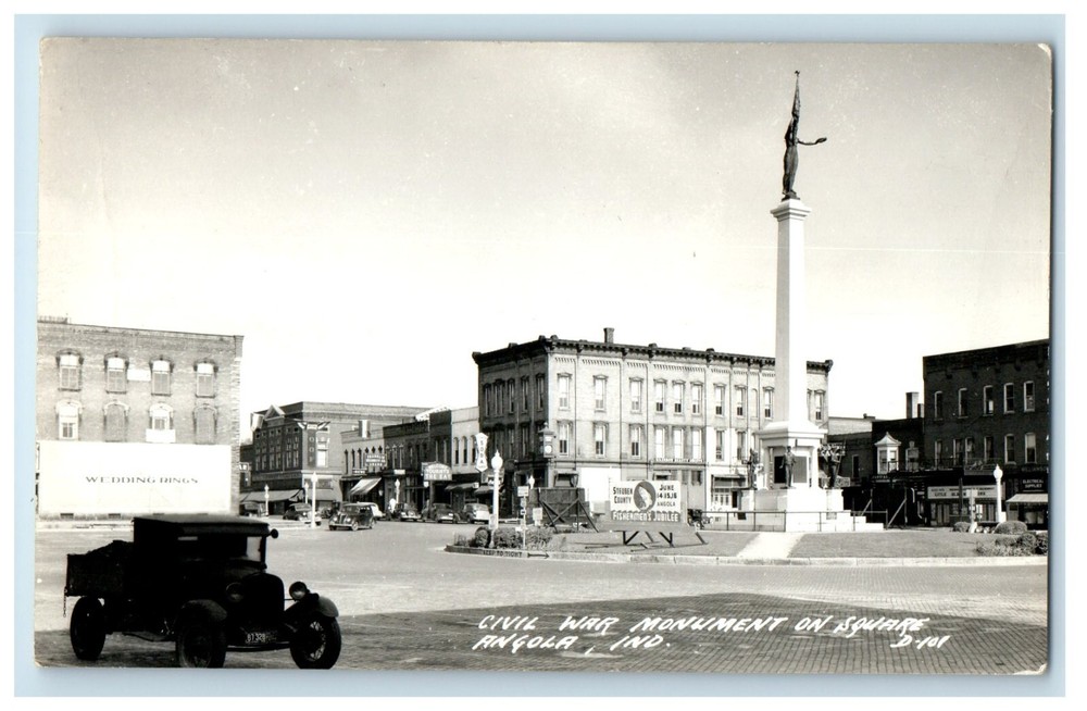 c1910's Civil War Monument On Square Car Angola Indiana IN RPPC Photo Postcard
