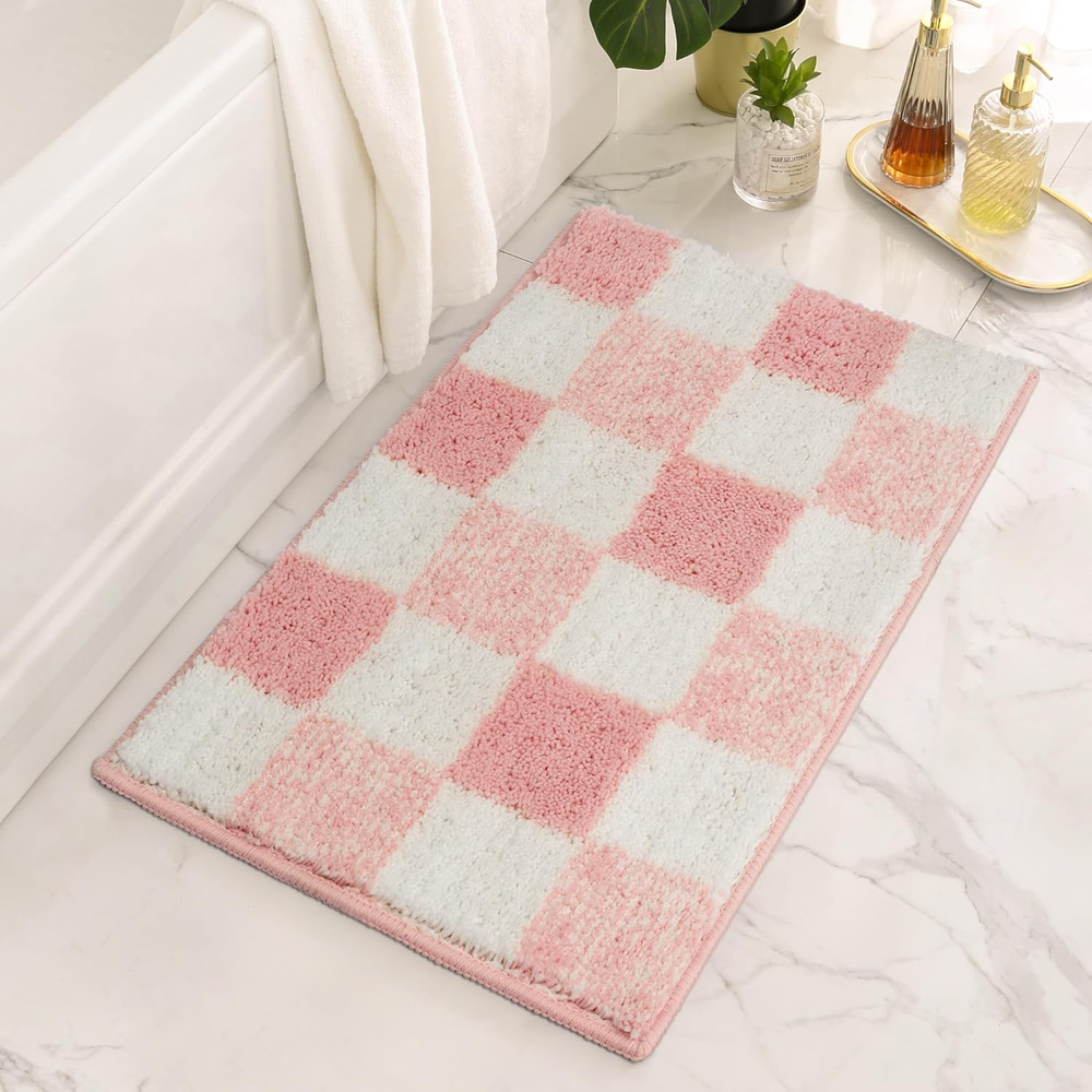 Checkered Pink Bathroom Rug 24x16 Fluffy Absorbent Microfiber Mat