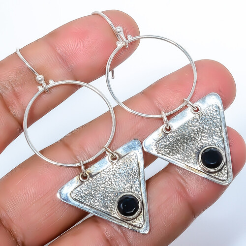 Black Onyx Sand Textured 925 Sterling Silver Earrings 2.42 Inch Drop A32