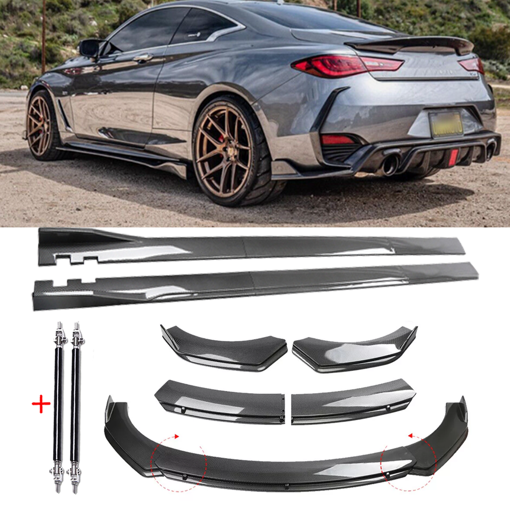 Infiniti Q60 Carbon Fiber Front Lip Spoiler Bumper Body Kit Strut Rod