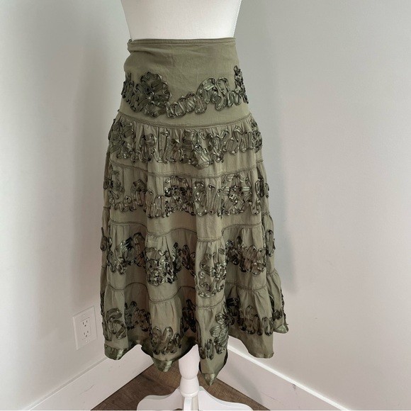 Vintage Y2K Green Tiered Midi Skirt Forest Fairycore Small