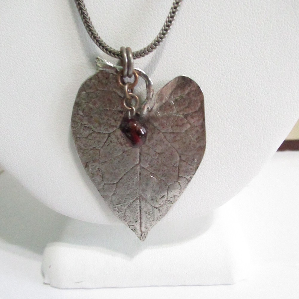 Celia Landman Vintage Necklace Leaf Detailed w Small Reddish Stone