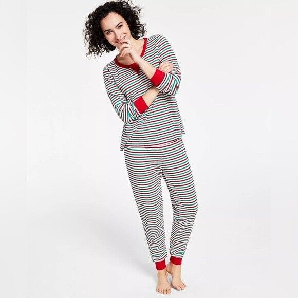 Family Pajamas Matching Women's Thermal Waffle Holiday Stripe Pajama Set XL New