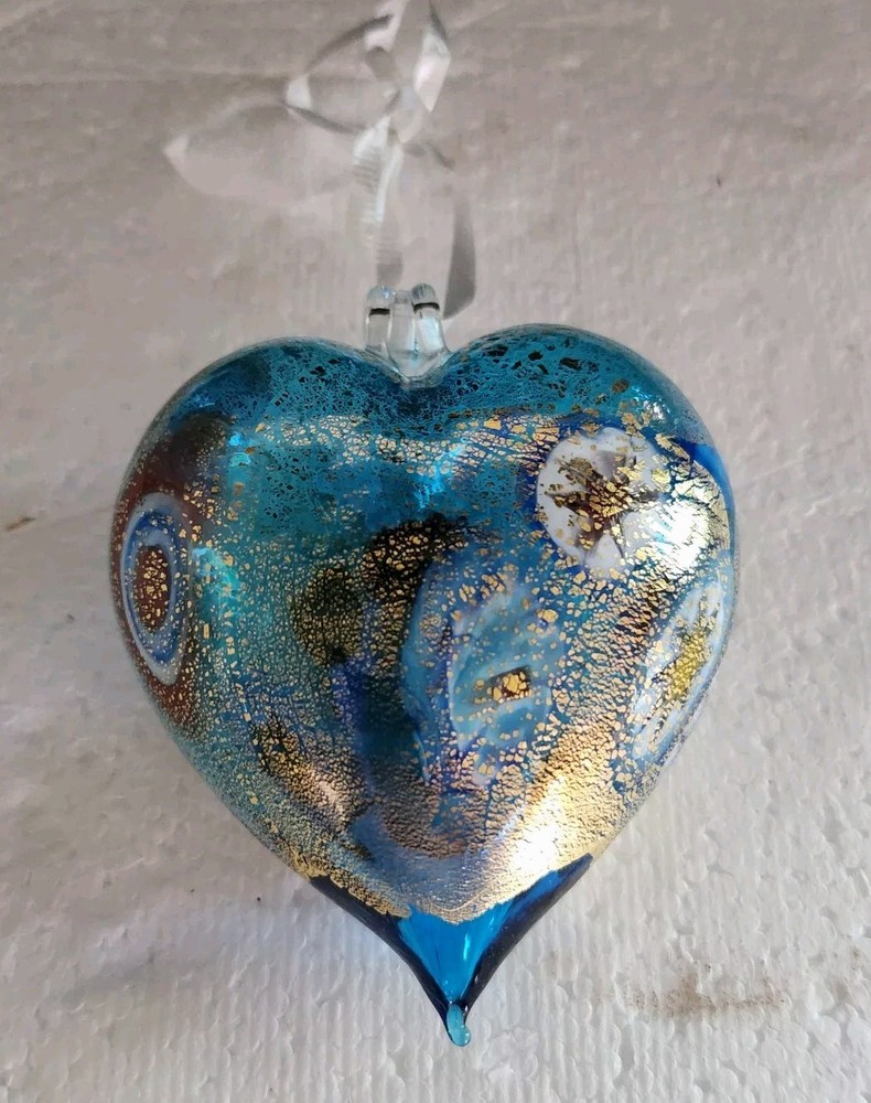 Beautiful Vetro Artistico Murano Glass Gold  Blue Heart Ornament