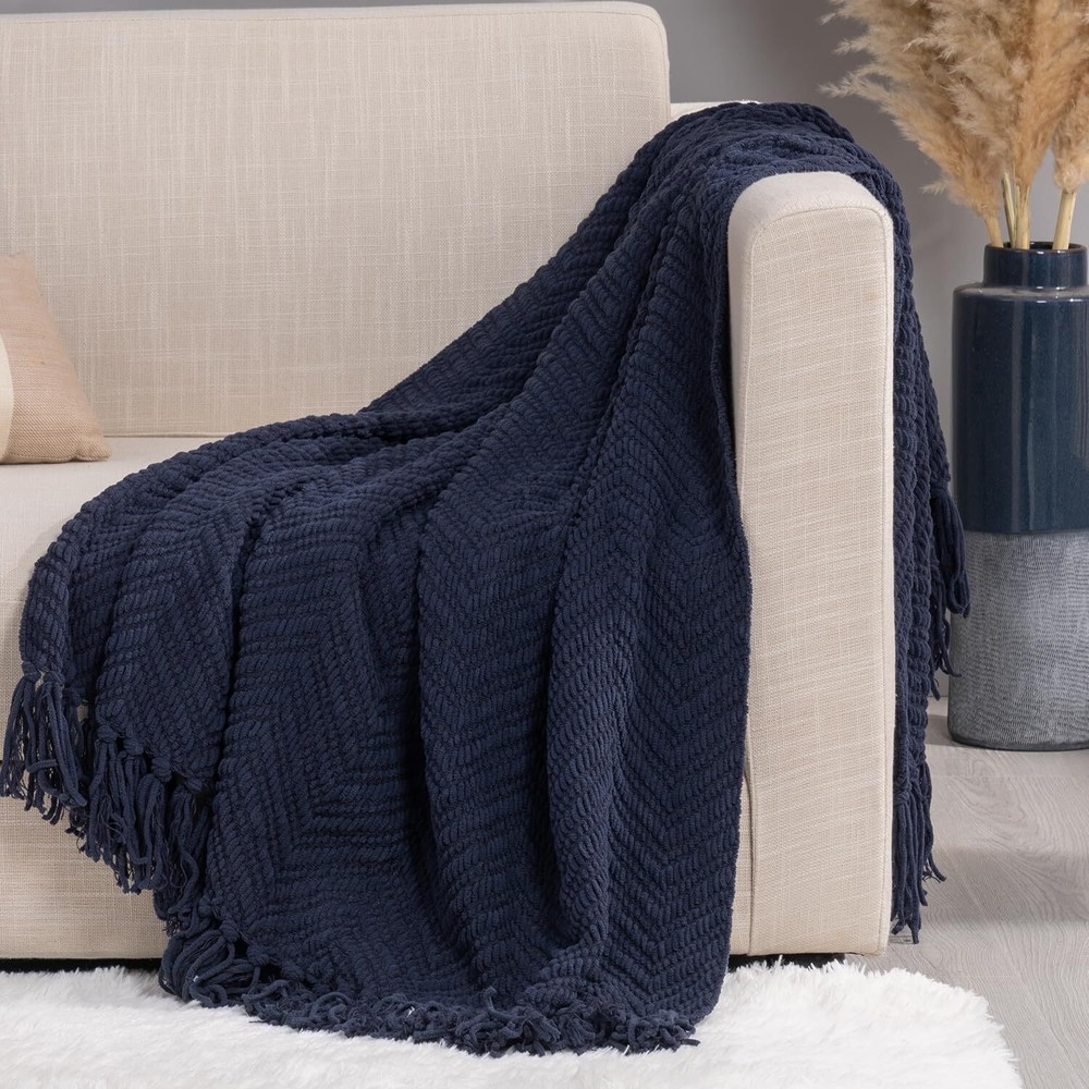 Soft Knit Chenille Throw Blanket with Textured Design and Tassel Accents