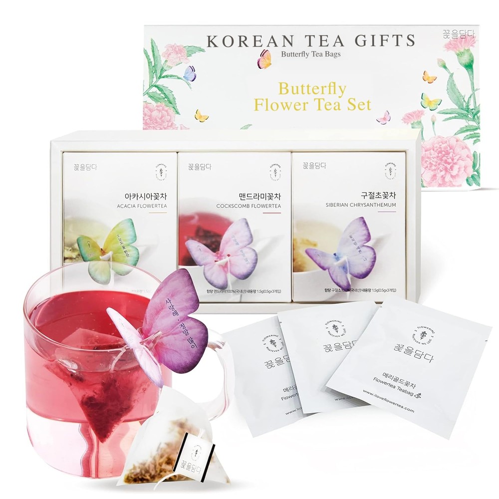 KKOKDAM Korean Tea Gift Set – 3 Flavor Pink Tea Variety Pack with Butterfly T...