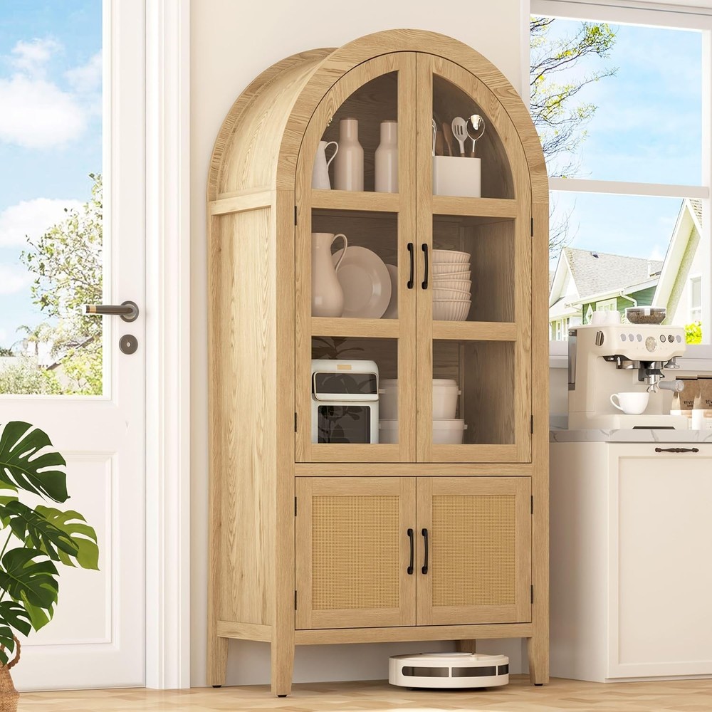 71-Inch Tall 5-Tier Arched Kitchen Pantry Cabinet with Glass Doors and Shelves