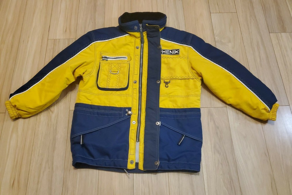 PHENIX Ski Jacket Mens Sz Medium Navy Blue / Yellow Hide Hood Goggle Pocket
