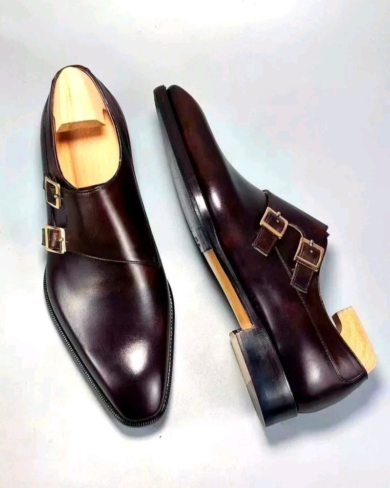 Buy New Men's Hand Painted Burgundy Color Leather Double Monk Strap Dress Shoes