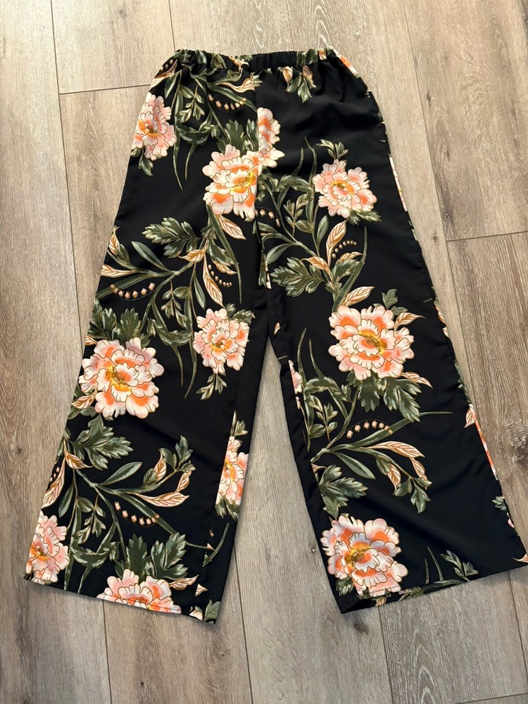 Feathers Floral Palazzo Pants Womens Size S Elastic Waist Wide Leg-image