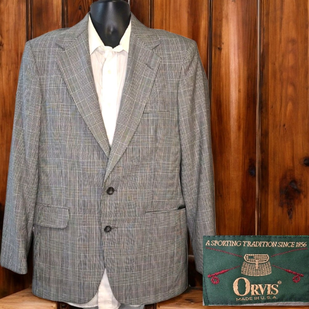 Orvis Sport Coat Blazer Mens 40R Black White Plaid VTG Made in USA