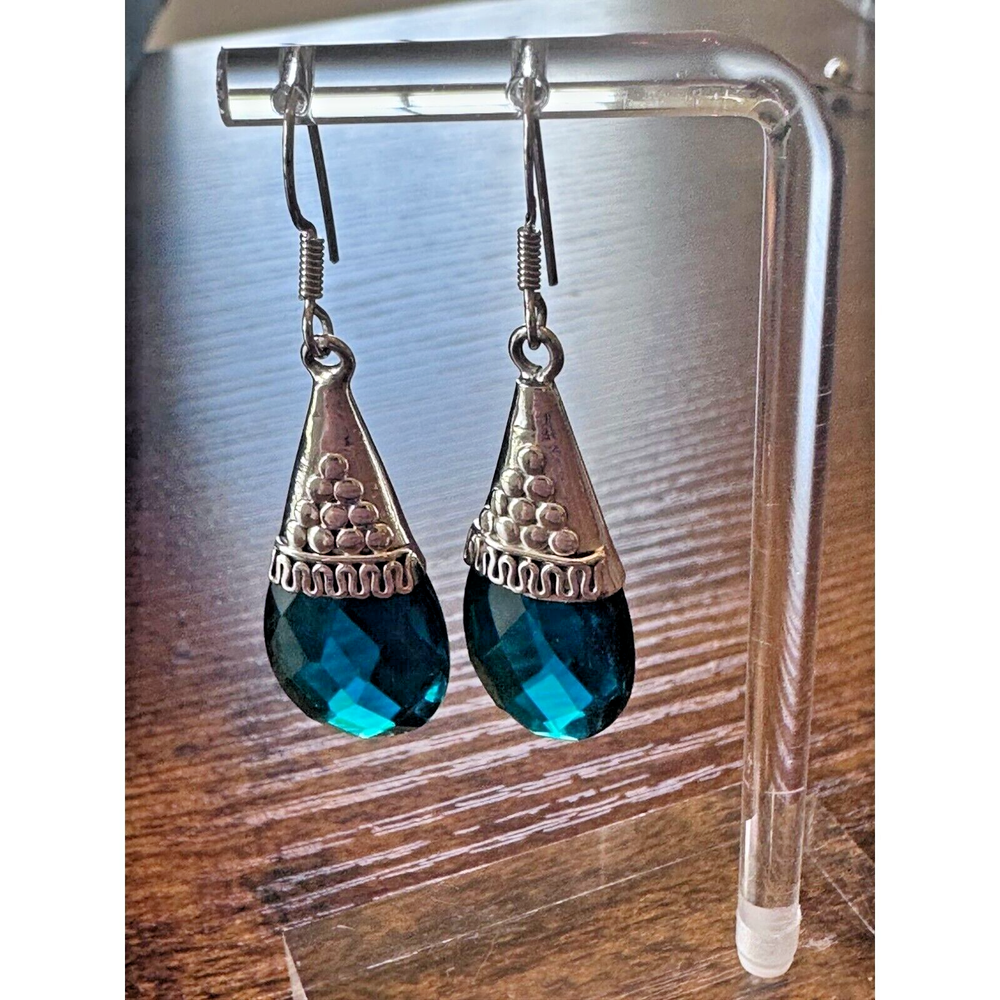 Sterling Silver Earrings Teal Blue Faceted Glass Pierced Drop Marked 925