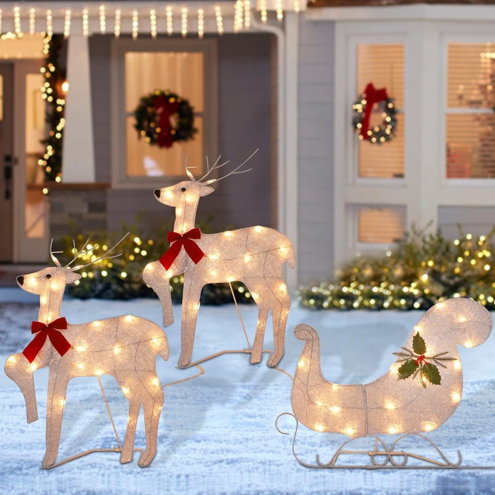 WATERGLIDE Set of 3 Lighted Christmas 2D Reindeers Outdoor Decorations, White
