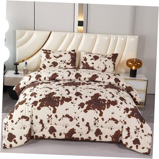 3 Pieces Cow Print Comforter Set, Brown and Teens Boys Girls Queen Beige