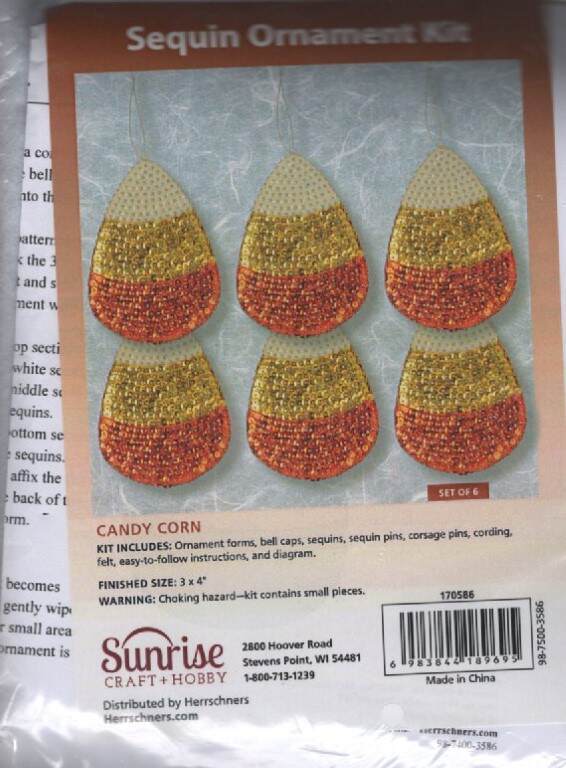 NIP!!! SEQUIN ORNAMENT KIT CANDY CORN SET OF 6