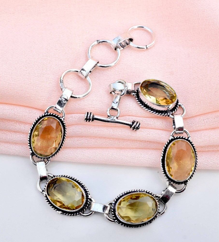Yellow Citrine Sterling Silver Birthday Gift Bracelet for Women S-7.8 Inches
