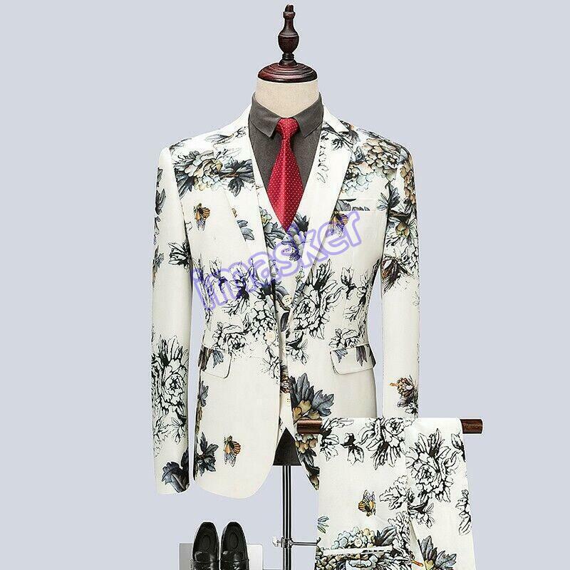 Men's Floral Print Slim Fit 3-Piece Suit Blazer Vest Pants