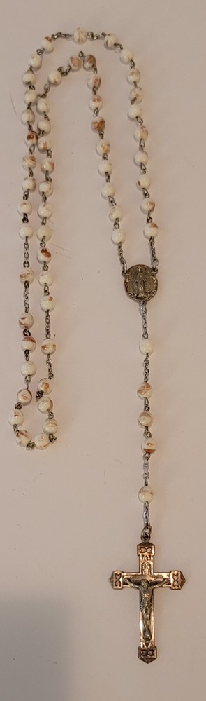Sterling Rosary w/ White and Goldtone Beads w/ Black Leather Pouch See Pics Plz