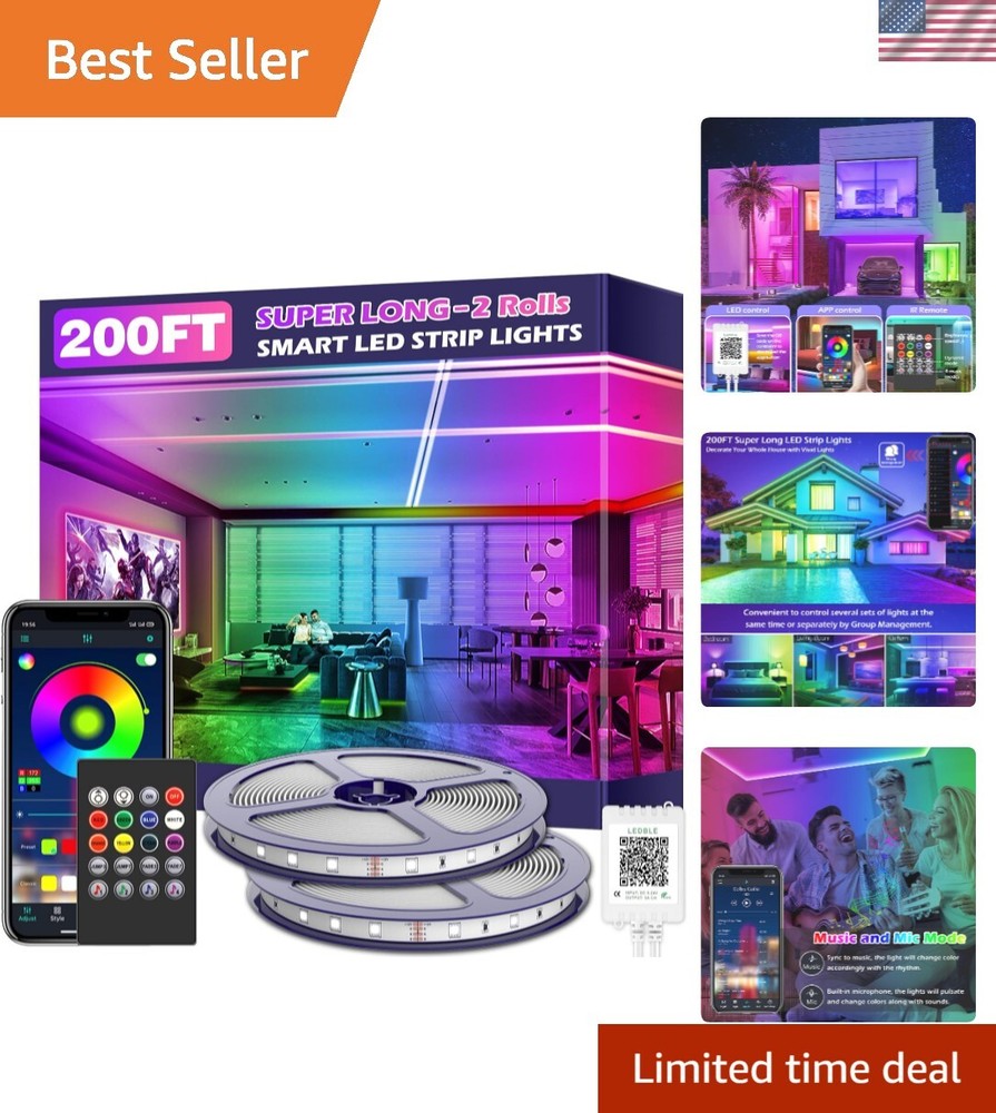 200Ft Led Strip Lights,Long Smart Led Light Strips Music Sync 5050 RGB Color ...