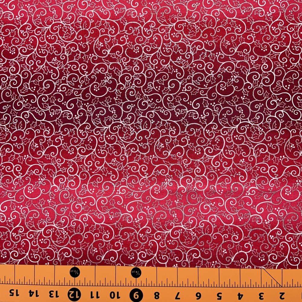 Festive Red Glitter Christmas Tiny Vine Fabric by the Yard  