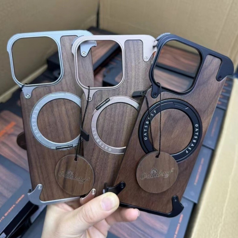 Magnetic Aluminum Metal Rimless Real wood Stand case For iPhone 16 15 14 Pro Max
