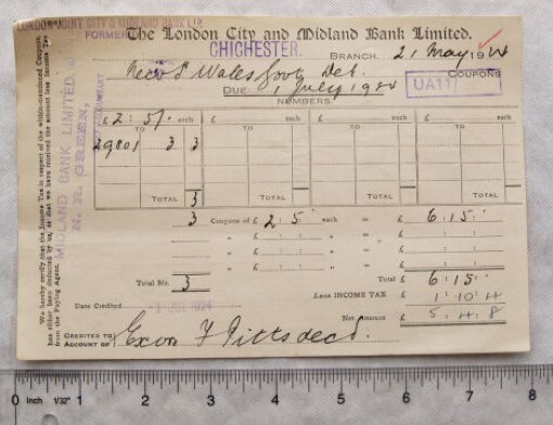 1924 London City & Midland Bank credit coupon slip from Chichester-image