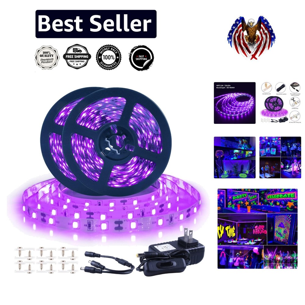 Self-Adhesive 40ft UV LED Black Light for Stunning Party Effects & Ambiance