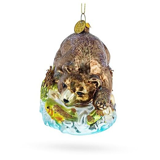 Wild Bear Catching Salmon Blown Glass Christmas Ornament
