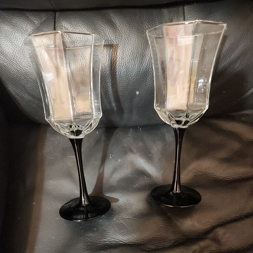 VINTAGE Luminarc Black Stem Octime Wine Glass BLACK STEM OCTAGON set of 2 FRANCE