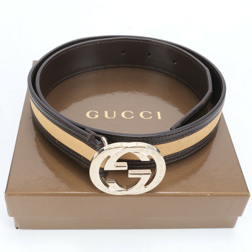 GUCCI GG interlocking leather and canvas belt brown authentic Italy