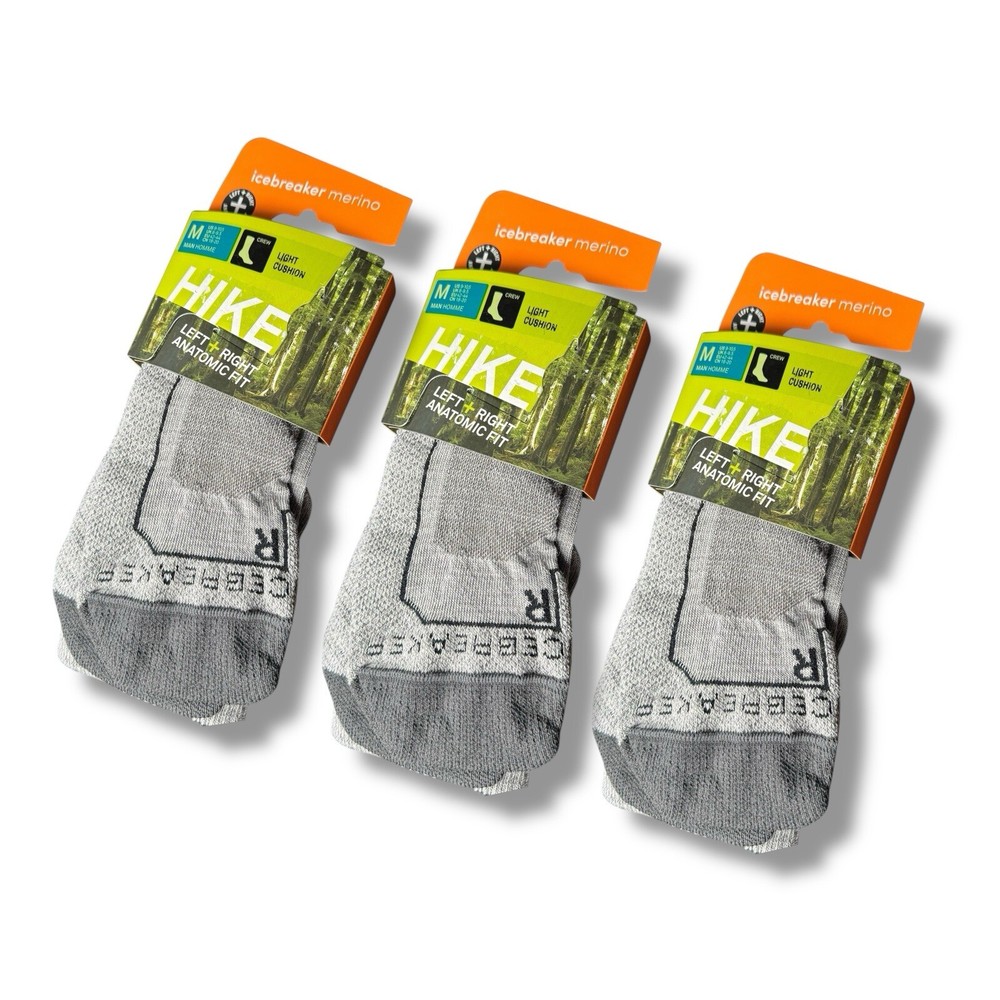 3 Pairs- Icebreaker Merino Men Hike+ Crew Light Cushion Socks M Blizzard Heather