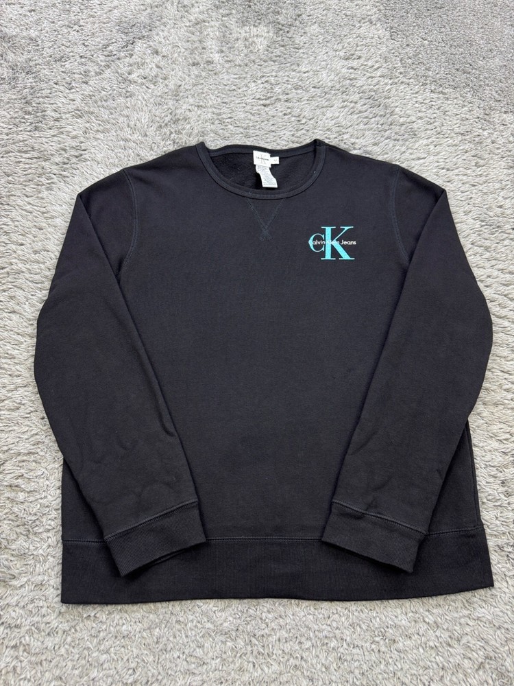 Vtg Calvin Klein Sweatshirt Women Medium Black Fleece Crewneck Pullover 90s Y2K