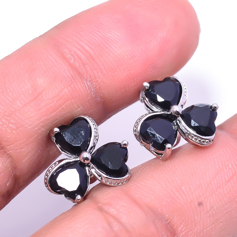 Black Onyx & Black Onyx 925 Sterling Silver Flower Earring 0.78