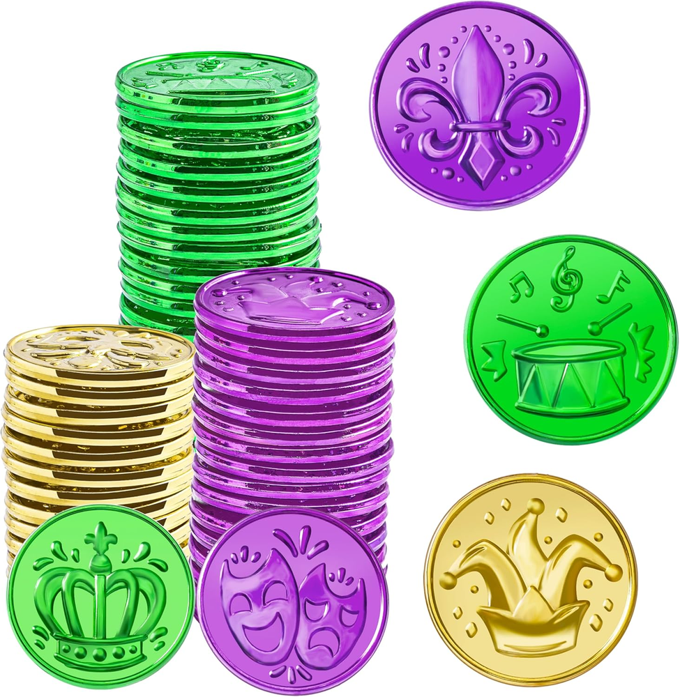 120 PCS Mardi Gras Coins, Gold Green Purple Mardi Gras Plastic Coin Bulk for Mar