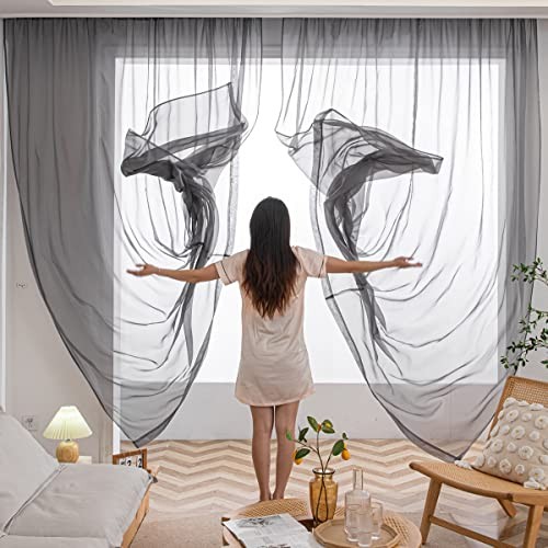Grey Sheer Voile Window Curtains 95 Inch Light Filtering 2 Panels