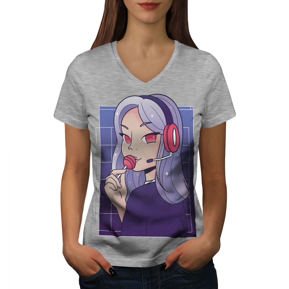 Wellcoda Cool Gamer Girl Headset Lollipop V-Neck Women's Tee