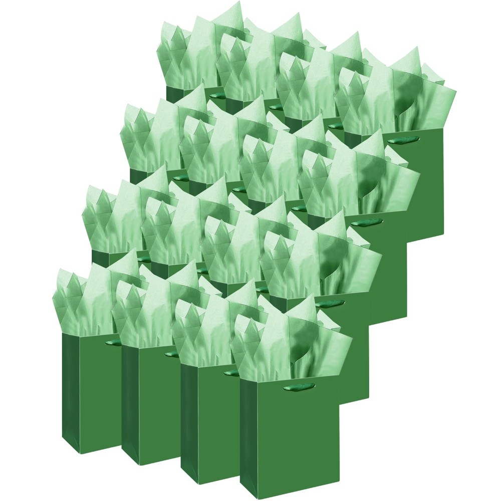 Dark Green Medium Gift Bags 16 Pack with Tissue Paper 7.9x4.3x9.6 Inches