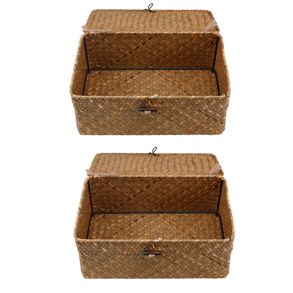 2 Pcs Woven Basket with Lid Organizer Premium Container Case Baby Child