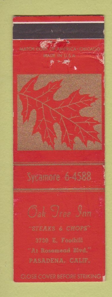 Vintage Oak Tree Inn Pasadena CA Matchbook Cover with Wear